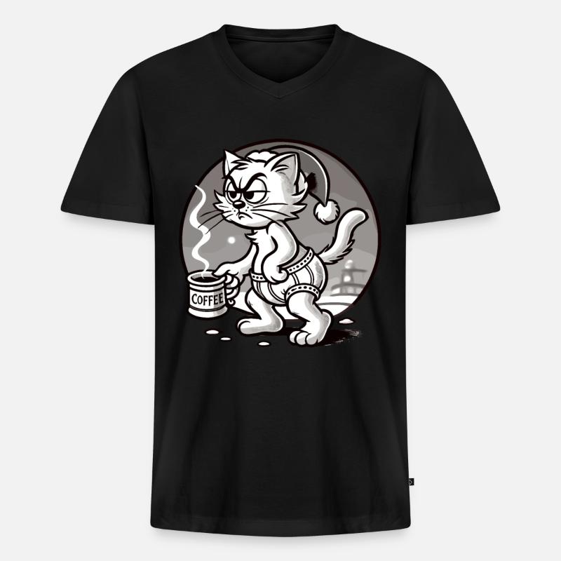 Mürrische Katze Mit Kaffee Weihnachten - Männer Premium Bio T-Shirt mit V-Ausschnitt - Schwarz