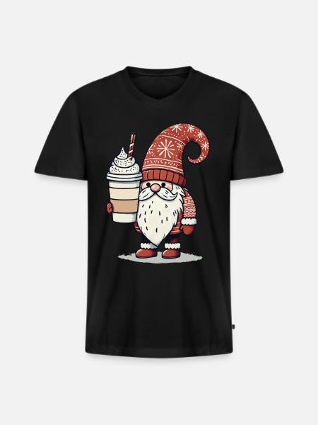 Weihnachtsgnom Mit Kaffee Wichtel - Männer Premium Bio T-Shirt mit V-Ausschnitt - Schwarz