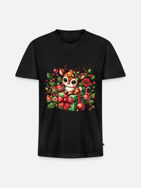 Cute Christmas Reindeer With Gift - Men's Premium Organic T-shirt with V-neck - black