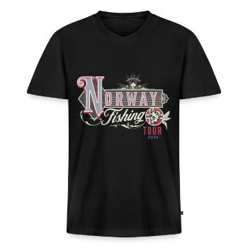 Norwegen 2026 Angeln Angler Angeltour - Männer Premium Bio T-Shirt mit V-Ausschnitt - Schwarz - Vorne - Nico (187cm)