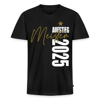 Meister 2025 Aufstiegstrikot Aufstieg 25 - Männer Premium Bio T-Shirt mit V-Ausschnitt - Schwarz - Vorne - Nico (187cm)