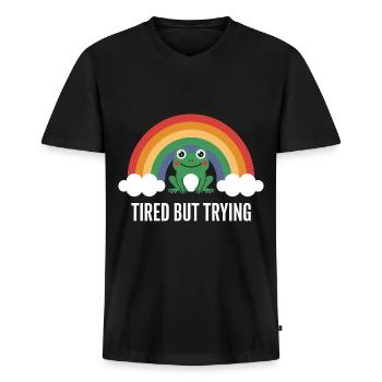 Fatigué mais engagé - T-shirt encolure en V Premium bio Homme - noir - Devant - Nico (187cm)