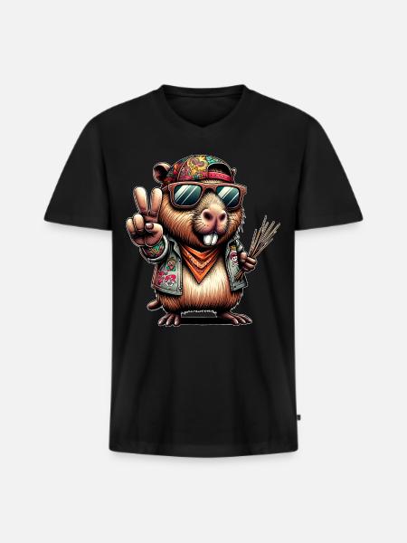 Capybara Peacezeichen - Männer Premium Bio T-Shirt mit V-Ausschnitt - Schwarz