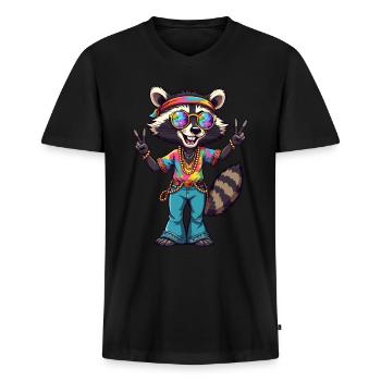 Hippie 70s 1970s 60s Party Raccoon - Men's Premium Organic T-shirt with V-neck - black - Front - Nico (187cm)