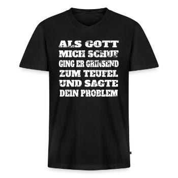 Als Gott mich Schuf ging er Grinsend zum Teufel - Männer Premium Bio T-Shirt mit V-Ausschnitt - Schwarz - Vorne - Nico (187cm)