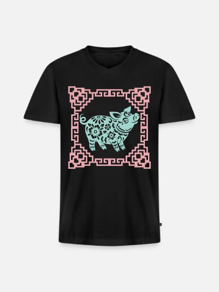 Grisens år, kinesiskt horoskop Kina - Ekologisk premium-T-shirt med V-ringning herr - svart