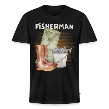 Fisch, Angler, Reuse, Vintage-Fischer Angeln - Männer Premium Bio T-Shirt mit V-Ausschnitt - Schwarz - Vorne - Nico (187cm)