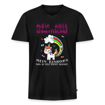 Einhorn Pups als Schmetterlinge und Regenbogen - Männer Premium Bio T-Shirt mit V-Ausschnitt - Schwarz - Vorne - Nico (187cm)