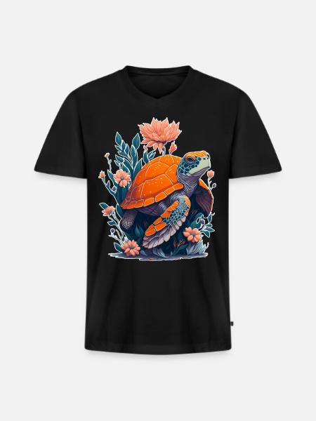 Turtle Flowers Motif - Men's Premium Organic T-shirt with V-neck - black