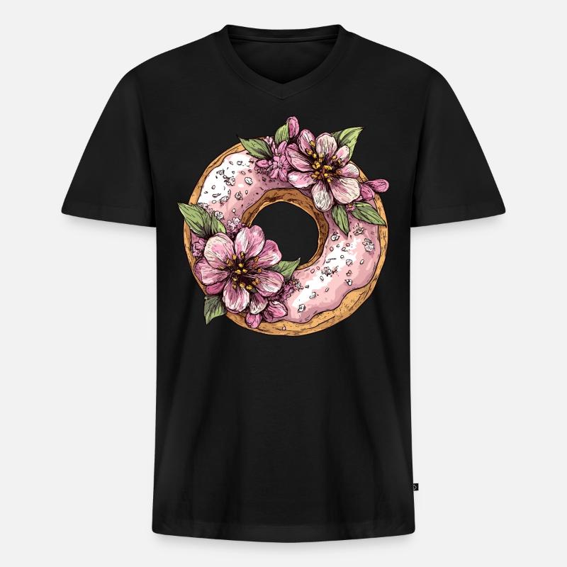 Donut mit Blüten - Männer Premium Bio T-Shirt mit V-Ausschnitt - Schwarz