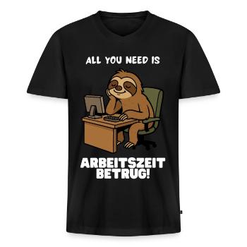 Arbeitszeitbetrug Faultier - Männer Premium Bio T-Shirt mit V-Ausschnitt - Schwarz - Vorne - Nico (187cm)