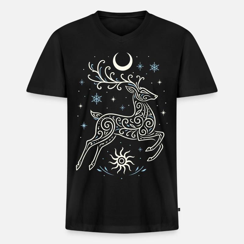 Springender Yule Hirsch mit Sonne & Mond - Männer Premium Bio T-Shirt mit V-Ausschnitt - Schwarz