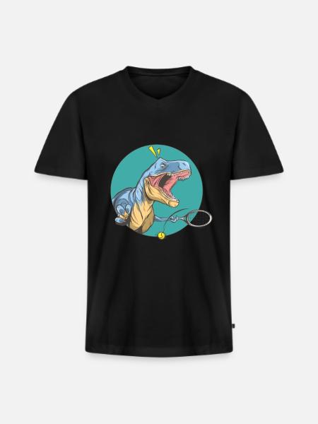 T-Rex beim Tennis - Männer Premium Bio T-Shirt mit V-Ausschnitt - Schwarz