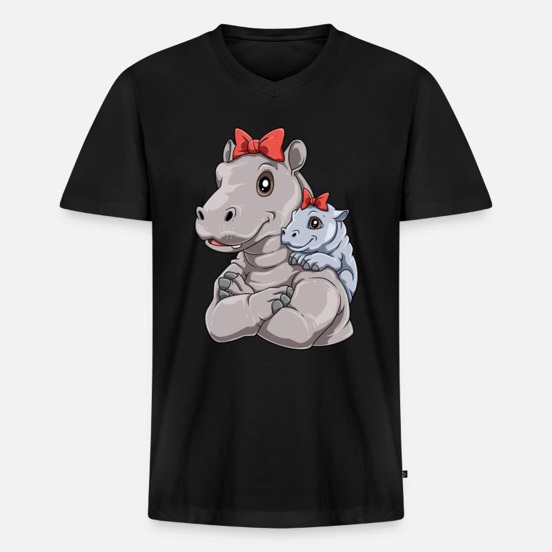 Liebevolles Nilpferd mit Nilpferd Kind - Männer Premium Bio T-Shirt mit V-Ausschnitt - Schwarz