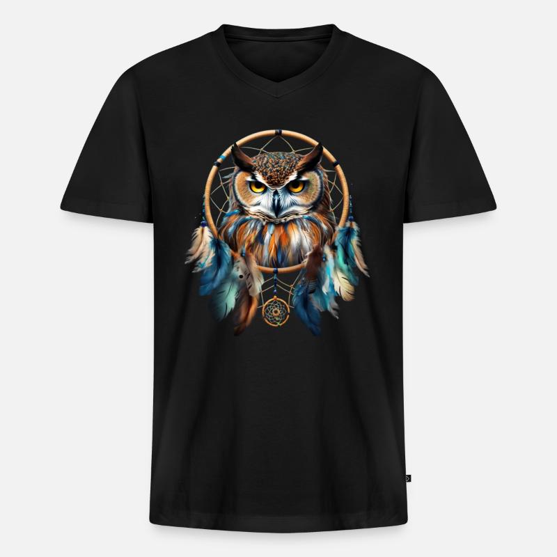 Eule Traumfänger Vogel Federn - Männer Premium Bio T-Shirt mit V-Ausschnitt - Schwarz