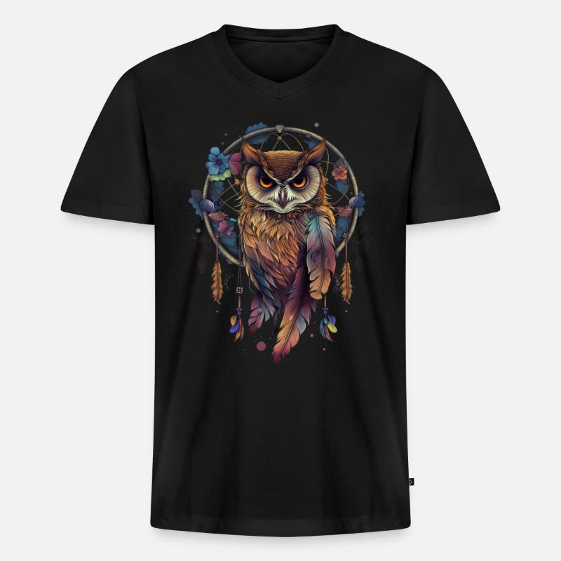 Eule Traumfänger Vogel Federn - Männer Premium Bio T-Shirt mit V-Ausschnitt - Schwarz
