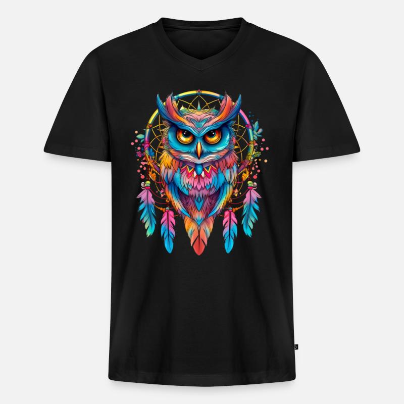 Eule Traumfänger Vogel Federn - Männer Premium Bio T-Shirt mit V-Ausschnitt - Schwarz