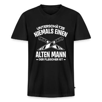 Fleischer Alter Mann - Männer Premium Bio T-Shirt mit V-Ausschnitt - Schwarz - Vorne - Nico (187cm)