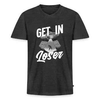 Alien Entführung Aliens Weltall - Männer Premium Bio T-Shirt mit V-Ausschnitt - Anthrazit meliert - Vorne - Nico (187cm)