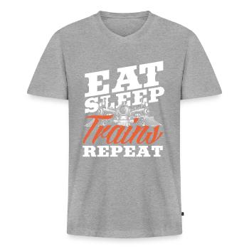 Eat Sleep Trains Repeat Eisenbahnliebhaber - Männer Premium Bio T-Shirt mit V-Ausschnitt - Grau meliert - Vorne