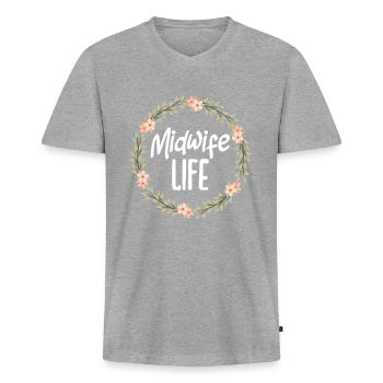 Midwife Life Flower Wreath Motif - Men's Premium Organic T-shirt with V-neck - heather grey - Front
