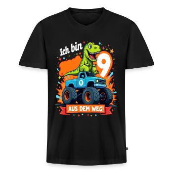 Dinosaurier 9. Geburtstag Monstertruck - Männer Premium Bio T-Shirt mit V-Ausschnitt - Schwarz - Vorne - Nico (187cm)