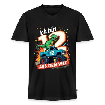 Dinosaurier 12. Geburtstag Monstertruck - Männer Premium Bio T-Shirt mit V-Ausschnitt - Schwarz - Vorne - Nico (187cm)