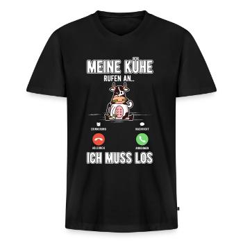 Meine Kühe rufen an Ich muss los - Männer Premium Bio T-Shirt mit V-Ausschnitt - Schwarz - Vorne - Nico (187cm)