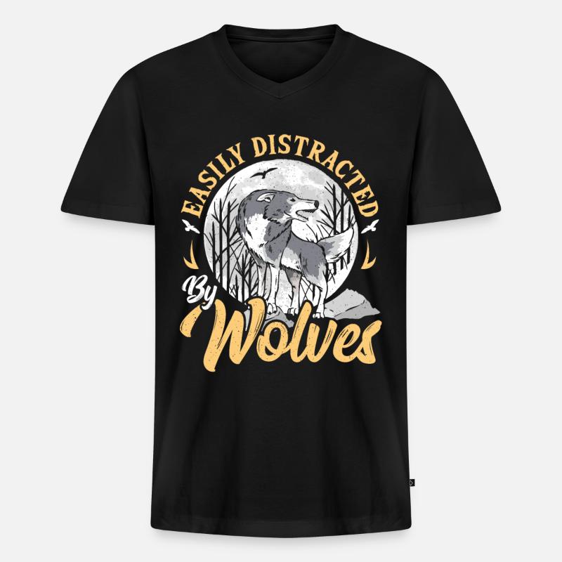 Easily Distracted By Wolves Wolf - Männer Premium Bio T-Shirt mit V-Ausschnitt - Schwarz