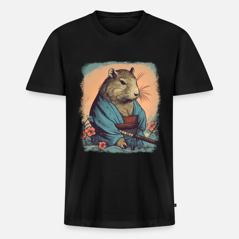 Capybara Samurai Wasserschwein - Männer Premium Bio T-Shirt mit V-Ausschnitt - Schwarz