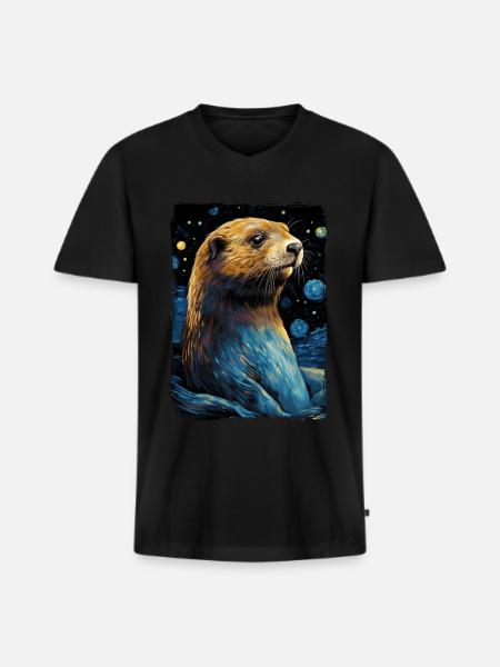 Otter Starry Night - Männer Premium Bio T-Shirt mit V-Ausschnitt - Schwarz