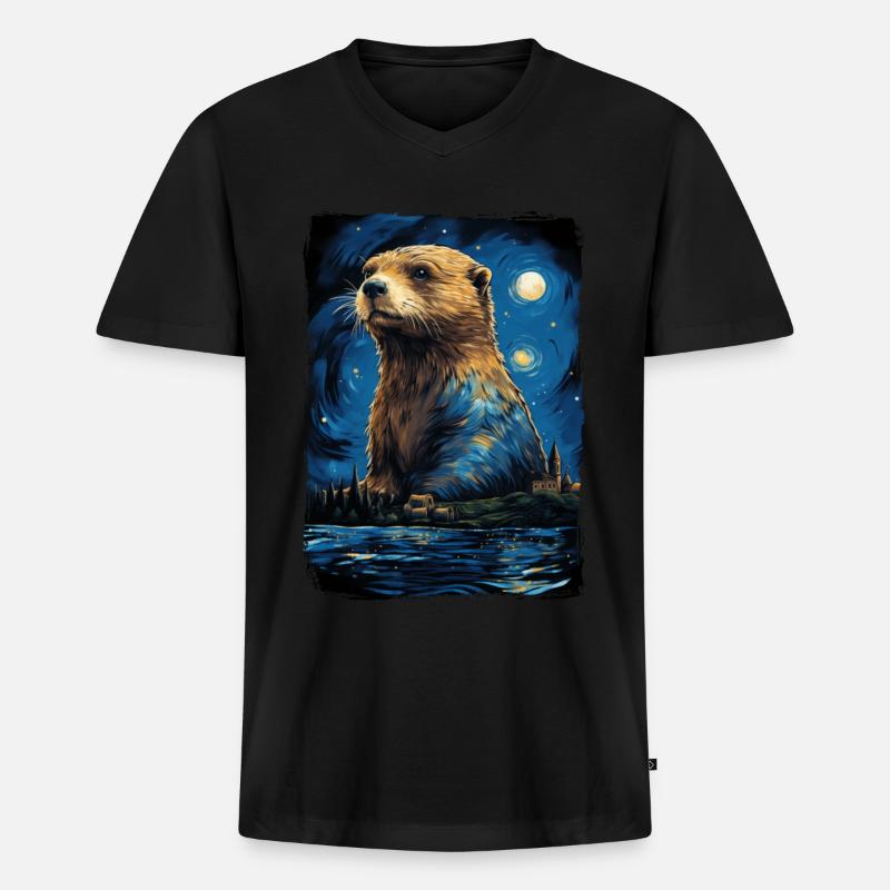 Otter Starry Night - Männer Premium Bio T-Shirt mit V-Ausschnitt - Schwarz