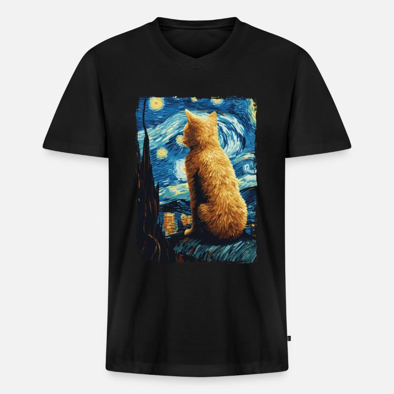 Katze Starry Night - Männer Premium Bio T-Shirt mit V-Ausschnitt - Schwarz