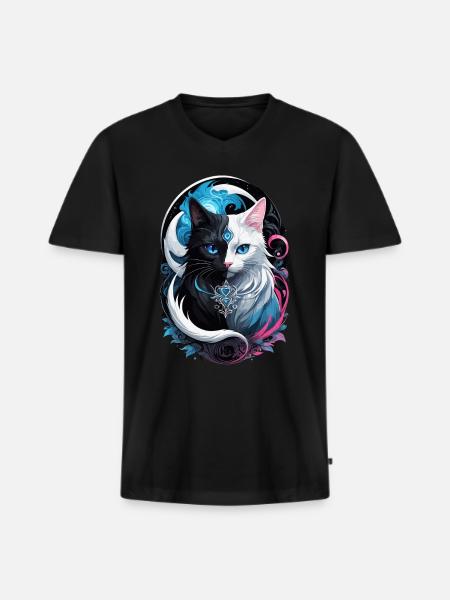 Chat fantasy yin et yang - T-shirt encolure en V Premium bio Homme - noir