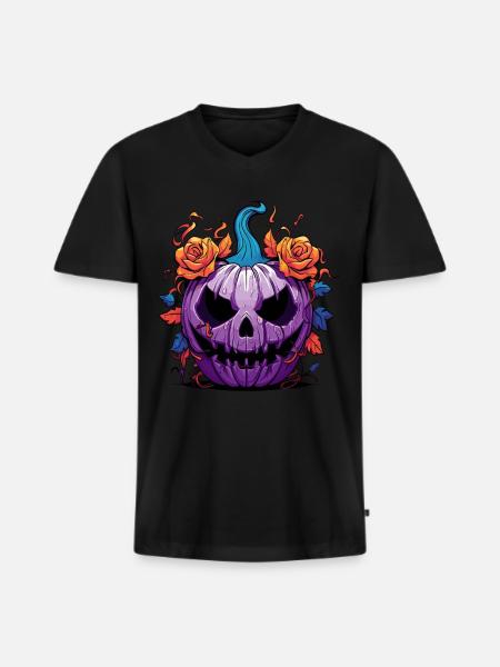 Halloween Citrouille - T-shirt encolure en V Premium bio Homme - noir