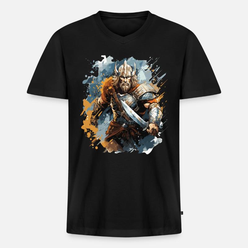Ein Wikingerkrieger mit seinem Schwert - Männer Premium Bio T-Shirt mit V-Ausschnitt - Schwarz