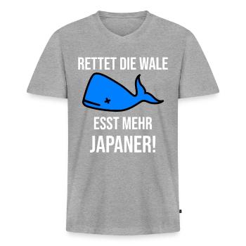 Rettet die Wale. Esst mehr Japaner! - Männer Premium Bio T-Shirt mit V-Ausschnitt - Grau meliert - Vorne