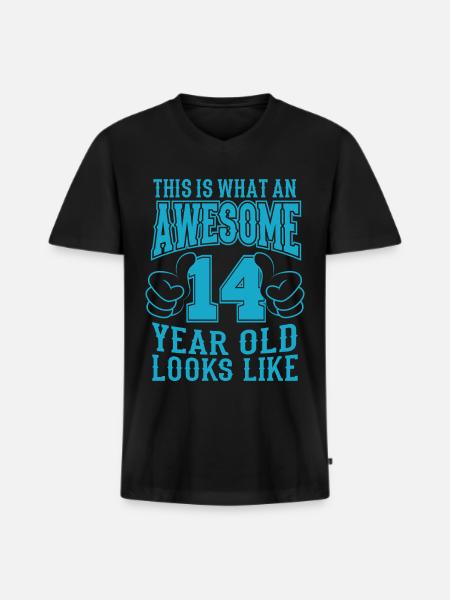 Jag är 14 år 14 födelsedag pojkar 14 år - Ekologisk premium-T-shirt med V-ringning herr - svart