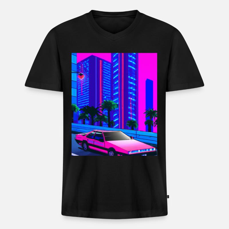 Vaporwave Aesthetic Synthwave City - Männer Premium Bio T-Shirt mit V-Ausschnitt - Schwarz