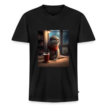 Otter Lovers Nerd Otter Drinking Coffee - Men's Premium Organic T-shirt with V-neck - black - Front - Nico (187cm)