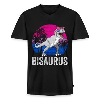 Bi Pride Bisexuel Drapeau Dinosaure Trex LGBTQ - T-shirt encolure en V Premium bio Homme - noir - Devant - Nico (187cm)