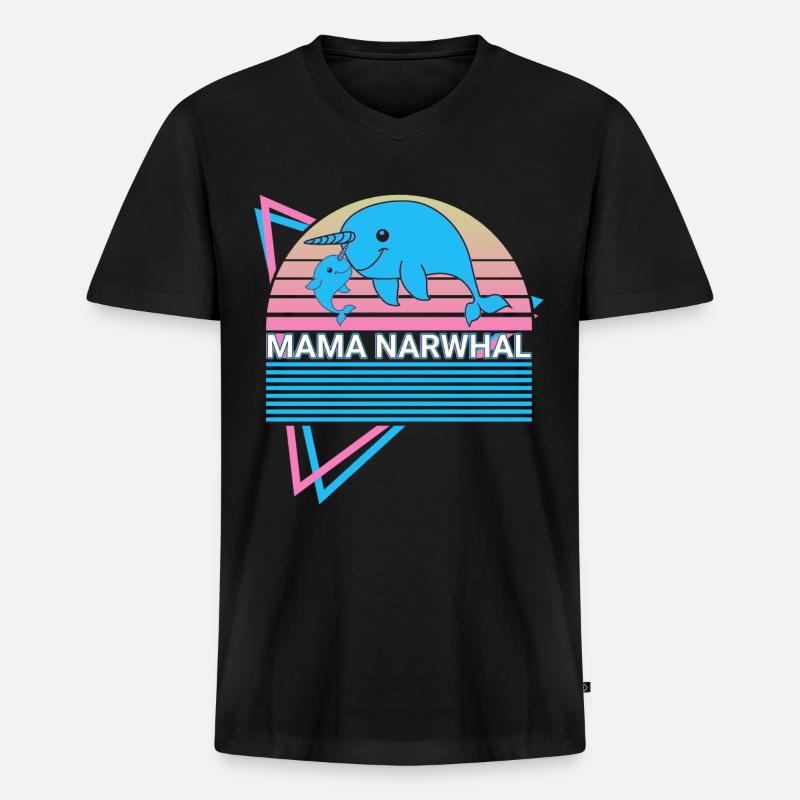 Narwal Mama Retro - Männer Premium Bio T-Shirt mit V-Ausschnitt - Schwarz