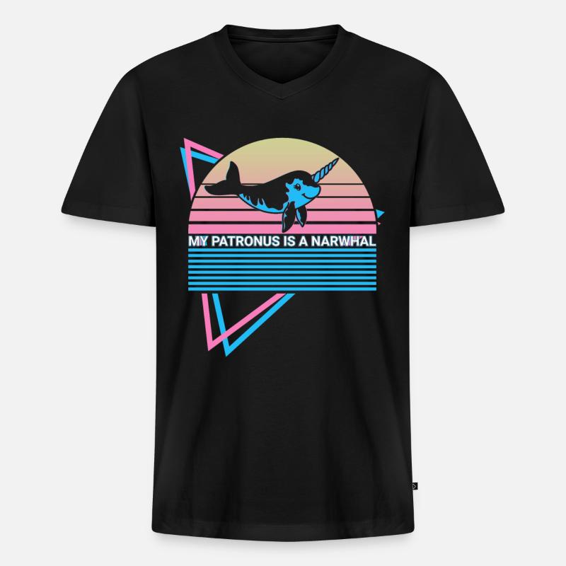 Narwal Retro - Männer Premium Bio T-Shirt mit V-Ausschnitt - Schwarz
