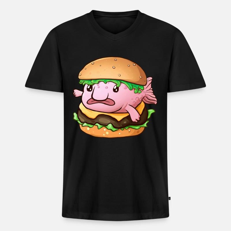 Lustiger Blobfisch-Hamburger - Männer Premium Bio T-Shirt mit V-Ausschnitt - Schwarz