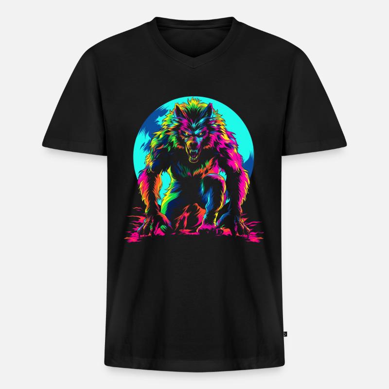 Werwolf Wolf Mond Popart - Männer Premium Bio T-Shirt mit V-Ausschnitt - Schwarz
