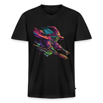 Balai de sorcière Halloween Spooky Popart - T-shirt encolure en V Premium bio Homme - noir - Devant - Nico (187cm)