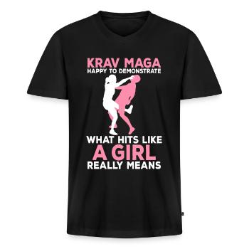 Krav Maga : montrez vos coups comme une fille Krav - T-shirt encolure en V Premium bio Homme - noir - Devant - Nico (187cm)