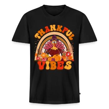 Thankful Vibes Thanksgiving Turquie Fleurs de vacances - T-shirt encolure en V Premium bio Homme - noir - Devant - Nico (187cm)
