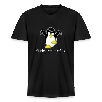 Tux Linux Pingouin Sudo Rm Rf | Hacke geek geek - T-shirt encolure en V Premium bio Homme - noir - Devant - Nico (187cm)