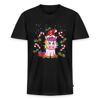 Weihnachtliches Einhorn mit Zuckerstange - Männer Premium Bio T-Shirt mit V-Ausschnitt - Schwarz - Vorne - Nico (187cm)